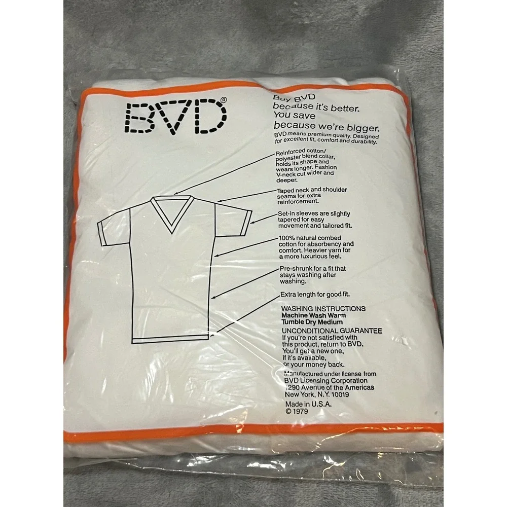 Vintage BVD V Neck T Shirts 3 Pack Size 42-44 White‎ NOS 1979 USA Tear Pack